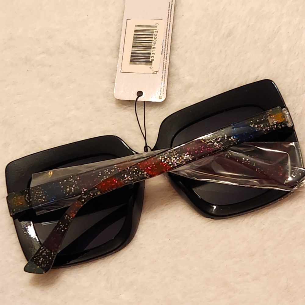 😎Sunglasses Black with Silver Glitter and Multicolored Stripes Gray Lenses NEW - Picture 5 of 6